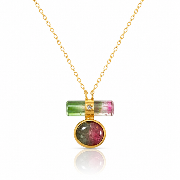 Double Tourmaline Horizontal Bar with Diamond Necklace